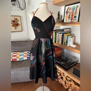 Vintage 80’s Floral Leaf pattern Black Halter spaghetti strap Dress